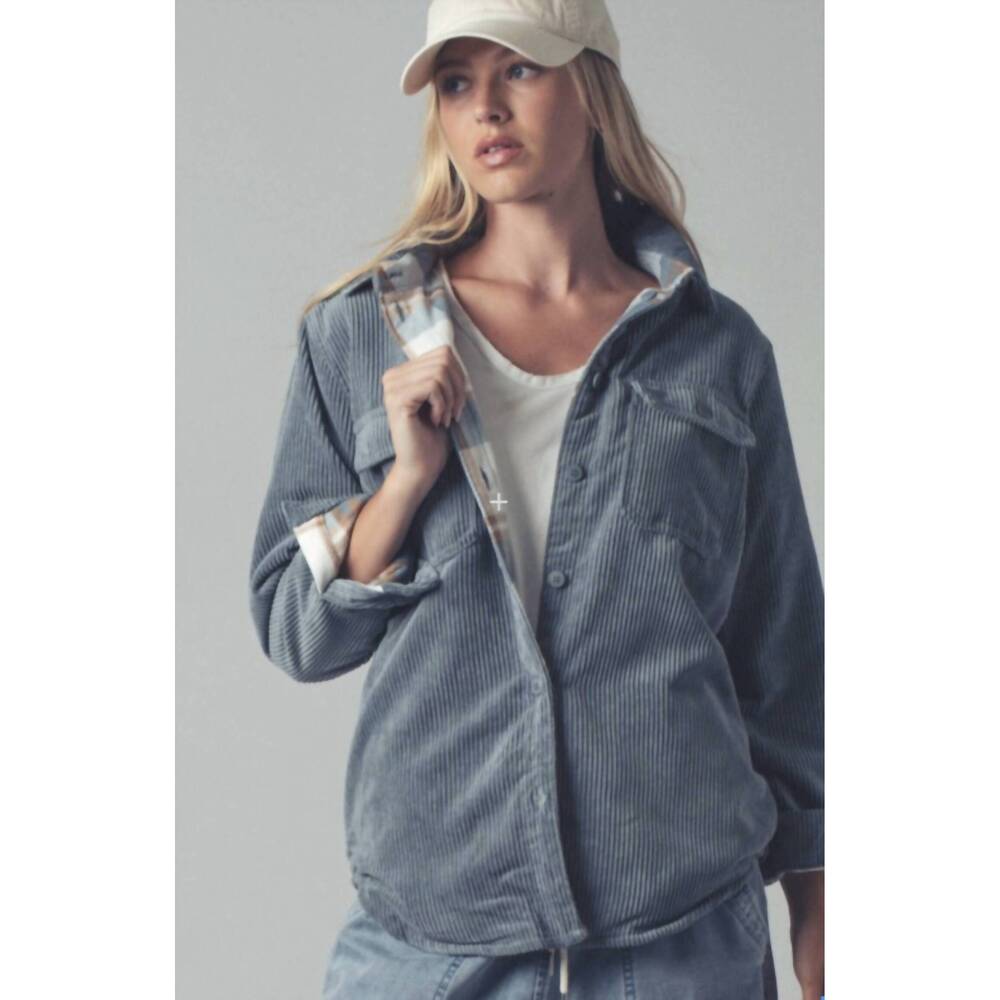 NEW TREND:NOTES cord & plaid shacket in blue